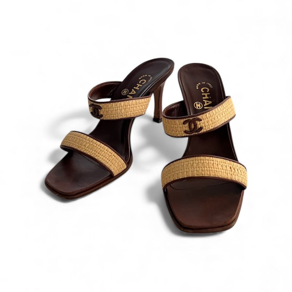 Chanel Vintage CC Leather & Rattan Heeled Sandals | Size EU 36